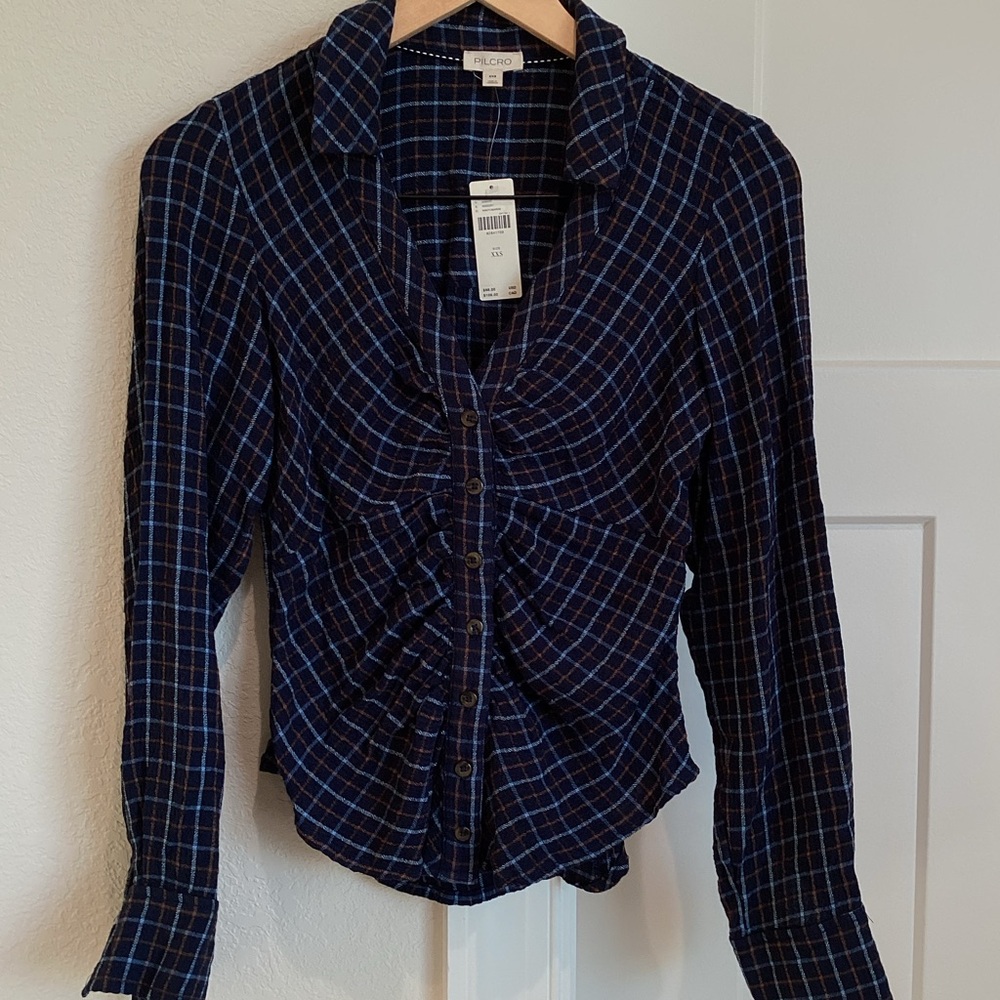 Anthropologie Plaid Collared Button-Down V-Neck Long-Sleeve Blouse Pilcro Navy
